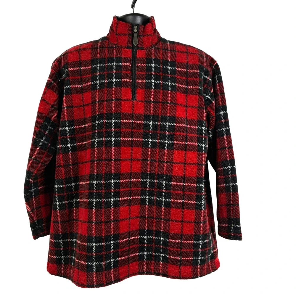 Lauren Ralph Lauren 1/4 Zip Plaid Fleece Men's Medium Red Tartan USA‎ Made VTG